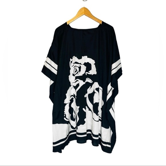 Floral Black & White Short Kaftan Tunic Kimono Cover Up Shirt Dress - Picture 6 of 12